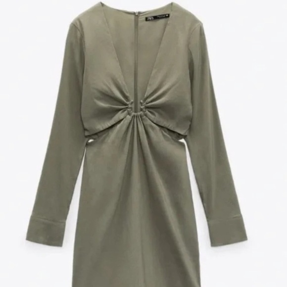 Zara Army Green Linen Blend Dress with Cutouts - Picture 4 of 7